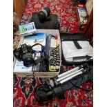 A Pentax digital camera, extra lens etc, an Acer PD113P projector, and a box containing camera