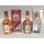 Two bottles of limited edition Chivas Regal: Globe Trotters and Evan Douglas tins, 700ml, 40%,