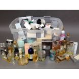 A box of assorted perfumes and lotions.