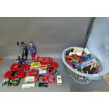 A basket of various toys and collectables including die cast model vehicles, Dinky, Corgi, Matchbox,