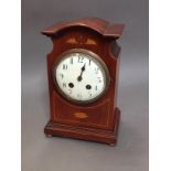 An Edwardian inlaid mahogany mantle clock, height 29cm.