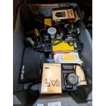 A box of Nikon cameras and photographic equipment
