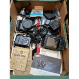 A box of cameras and miscellaneous items including a Canon EOS 400D digital camera, a Canon