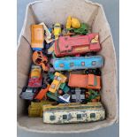 A box of assorted die-cast model vehicles including Corgi, Dinky and Hot Wheels etc.