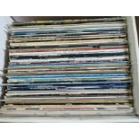 A box of approximately 65 vinyl LP records, rock & pop 1960s to 1990s including Blondie, The Beach