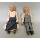 Appalachian hand carved jointed wooden dolls - man and woman - Uncle Pink and Aunt Jenny, 13"