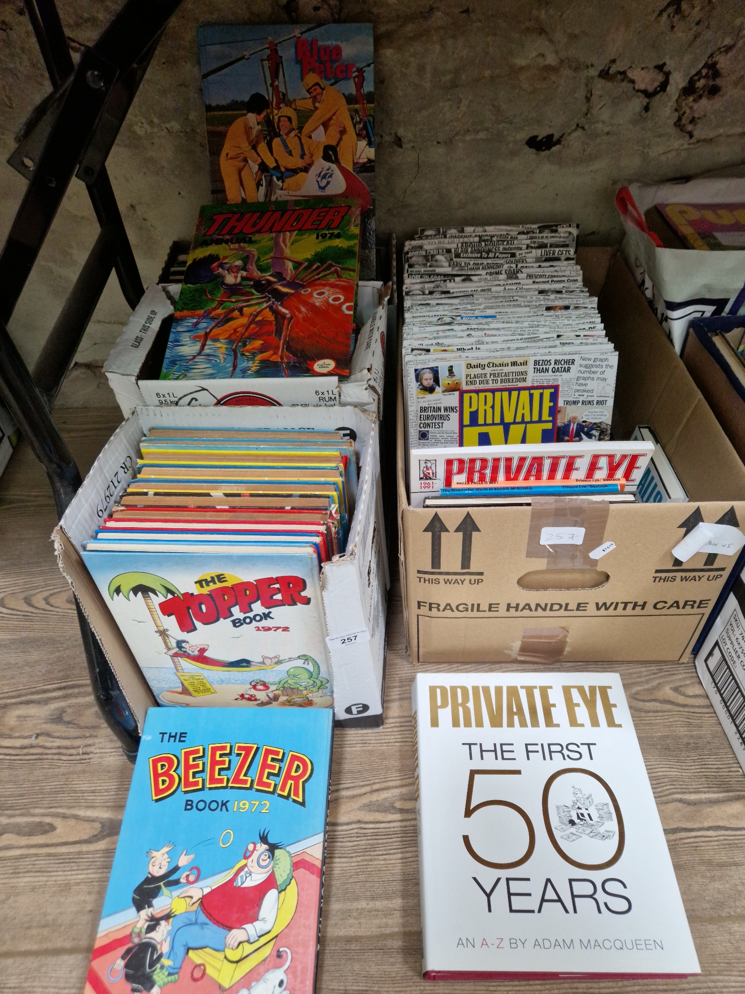 3 boxes of various annuals to include Valiant, Blue Peter, Beezer, etc together with a box of