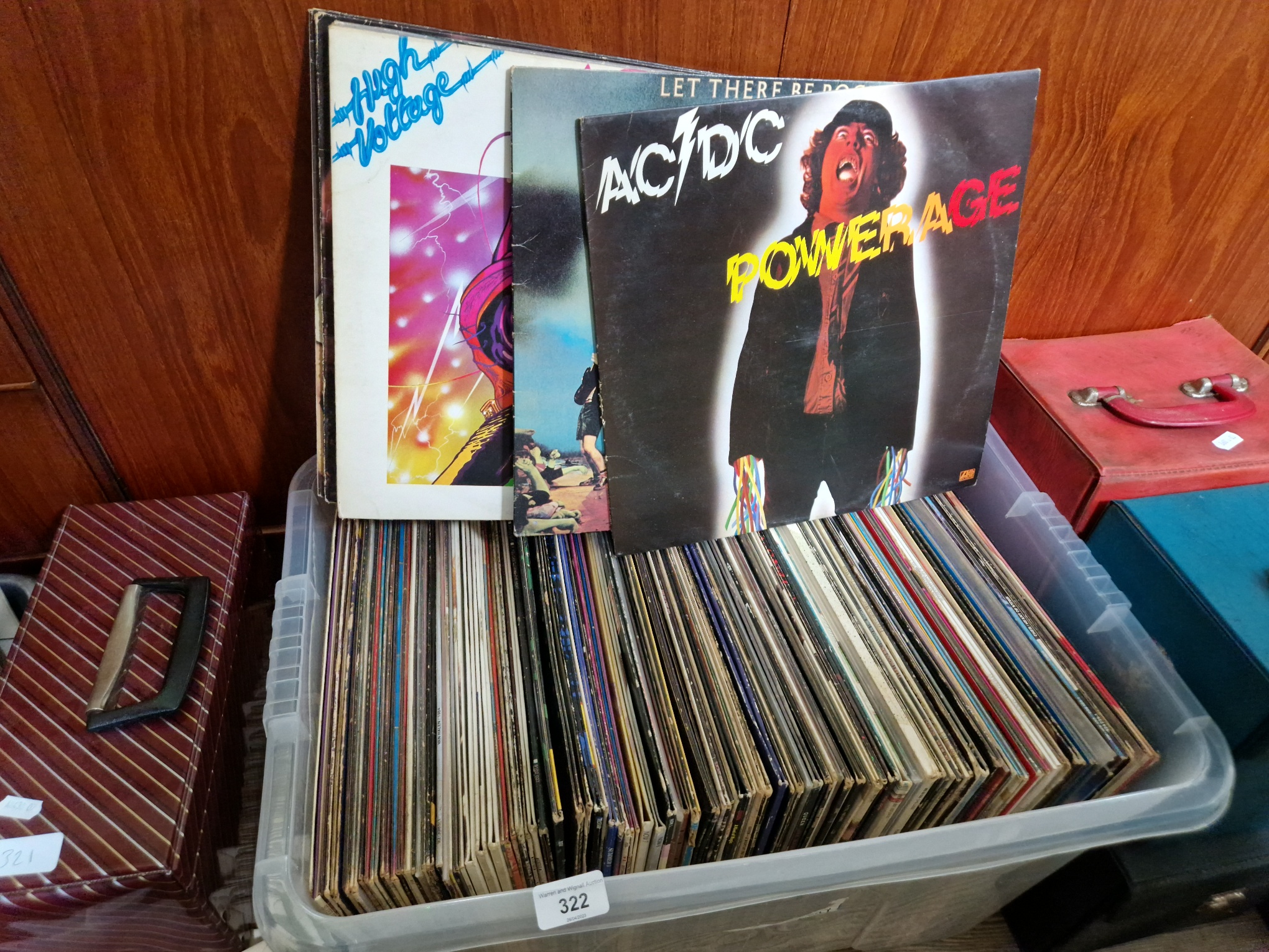 A collection of LPs, various genre, rock and pop including AC/DC.