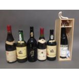 Six bottles of red wine and port comprising Barolo Antichi Vigneti Propri, Dow's 1970, Goutte