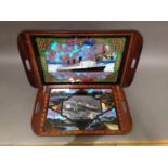 Two Rio de Janeiro butterfly wing trays, one depicting the Queen Mary and the other HMS Caronia,