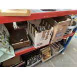 A box and a basket of various lighting items including paraffin lamp with funnel and shade,