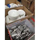 2 boxes of Wedgwood "Nature" china and 1 box of Viners stainless steel cutlery.