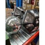 A pair of LEX Dome 6 stage lights, light stand, deck stand and a revolving glitterball with motor.