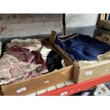 Two boxes of vintage clothing including furs, vintage dresses, gloves, silk shawl, etc.