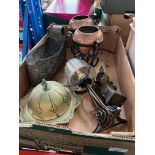 A box of metalware, a table lamp, a bust, brass, copper, etc.