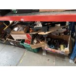 Nine boxes of assorted tools, a work bench, measuring wheeel etc