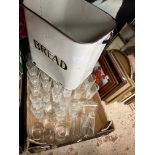 An enameled Bread bin containing various champagne flutes and box with various drinking glasses, 6