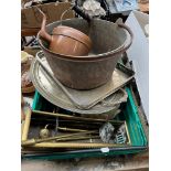 A box of metal-ware to include fireside irons, jam pan, metal door stopper in shape of a swan, brass