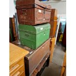 Various items of furniture, a stained pine table, a Victorian pine blanket box, two vintage tin