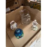 A box containing an etched glass jug, a small Poole pottery jug, a Crown Devon jam pot in the