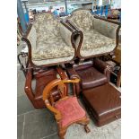 2 mahogany framed armchairs and a corner chair