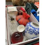 A box of mixed collectables including Swarovski crystal, glass animals, Poole Pottery dish, Heron