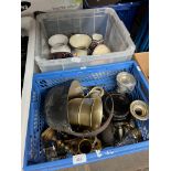 A box of assorted metal ware and a box of pottery, including brass, a trophy, vases, etc