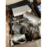 Box of pewter tankards and EPNS