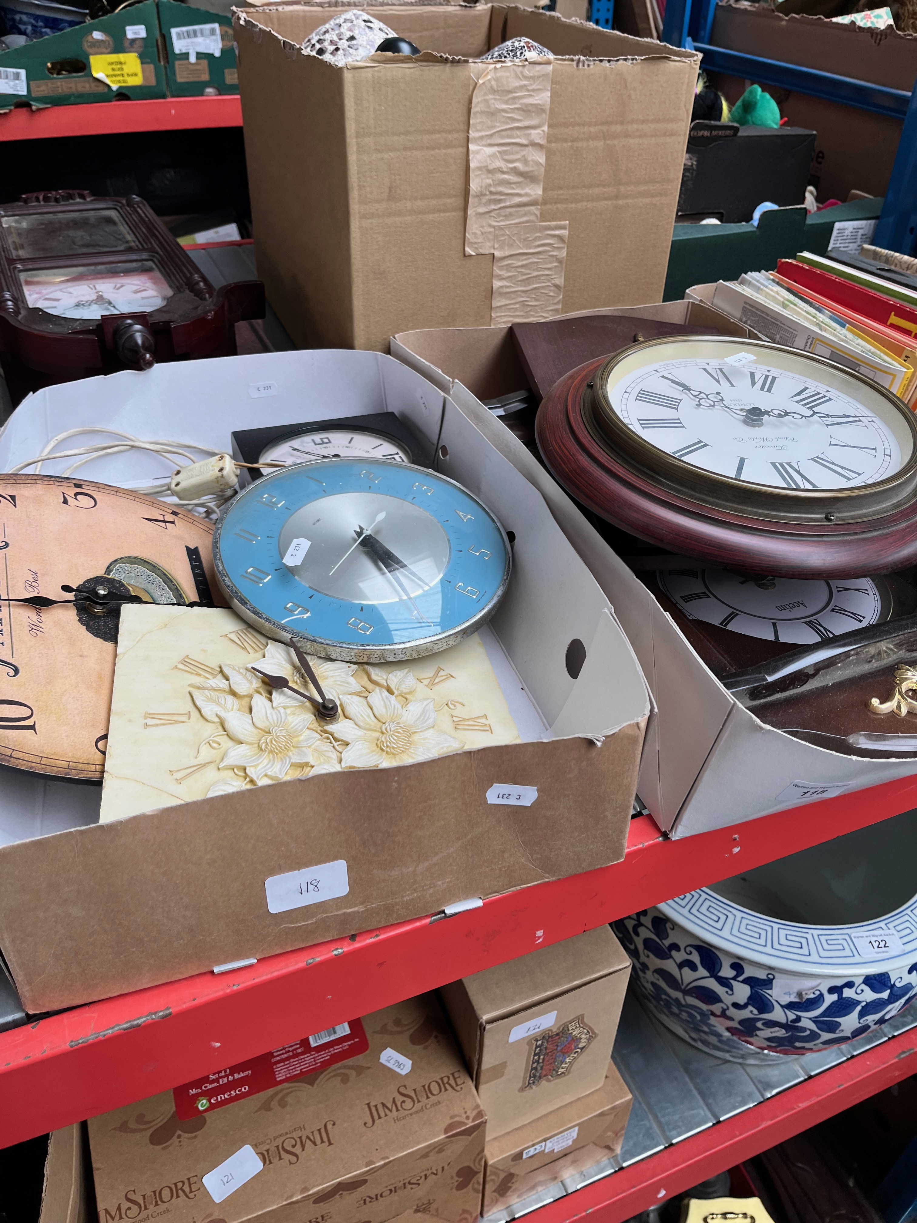 2 boxes of various clocks to include wall hanging, a vintage electric Metamec clock, etc.
