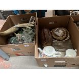 Two boxes of ceramics and glass etc including Royal Winton Estelle, Horlicks drink mixers etc
