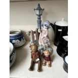 Lladro figure of a girl by a lamppost and two composition teddy bears