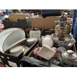 A box of Gladstone china part dinner service and a box of Oriental pottery.