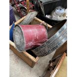 A tea chest containing metalware items eg galvanised watering can, mop bucket, sieve etc