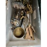 A box of metalware including fire dogs, tongs, pokers, handles etc.