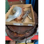 Two wooden trays, jelly moulds, plated cutlery, etc