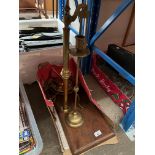 A vintage Wilcock & Sons Preston brass balance on wooden base, with brass trays and weights together