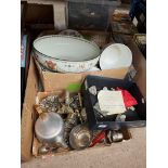 A box of pottery including a large Royal Doulton "Albany" bowl, cutlery, metal-ware, etc and a box