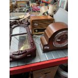 An Art Deco Napoleon style mantel clock together with a wall hanging clock and a vintage Figaro