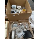 Two boxes of misc ceramics and glassware to include Spode milk jug, cutlery, glass vase, Royal