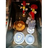 A copper kettle, 2 Murano glass figures, Wedgwood Jasperware, Wedgwood cup and saucer