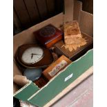 A collection of treen boxes, trinket boxes etc together with a mantel clock.