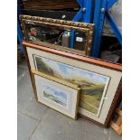 Two artist's easels, 3 pictures and a mirror.