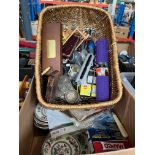 A box of Johnson Bros 'Indian Tree' pottery and a basket of mixed items including Parker pen,