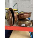 2 copper and brass warming pans and 1 brass warming pan.