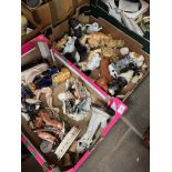 Two boxes of figures and pottery animals