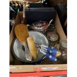 A mixed lot comprising silver handled brushes, silver plated items. Wedgwood bowl with servers,