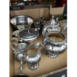 A box of silver plated items to include a James Dixon tea set, another tea set, etc.