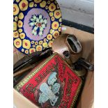 A mixed lot of collectables including copper watering can, vintage tin of old handles, blowlamp,