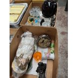 Two boxes of ceramics and glassware to include large pottery tea pot, plates, a doll, etc.