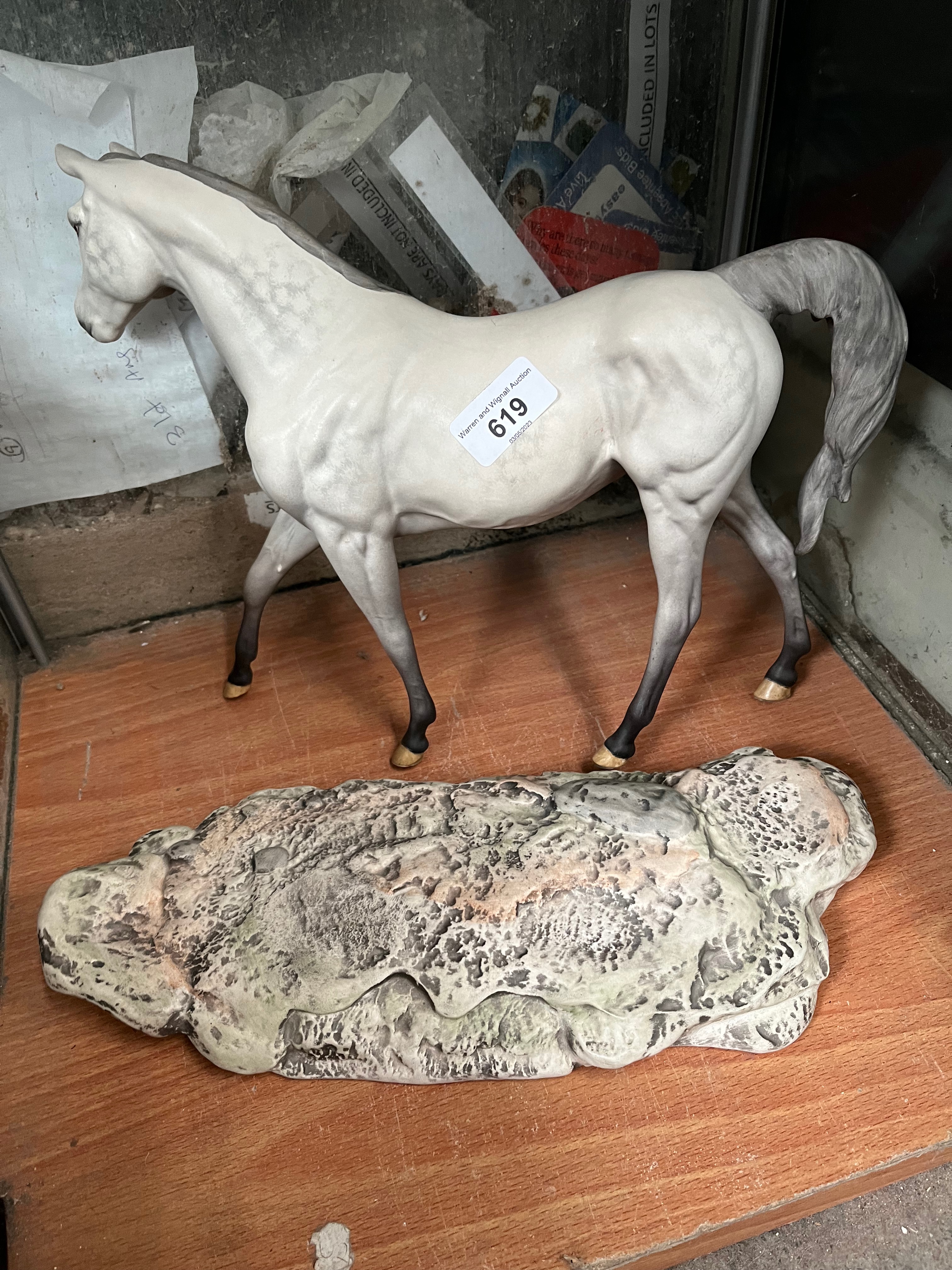 Dapple grey Beswick racehorse with stand (possibly Desert Orchid)